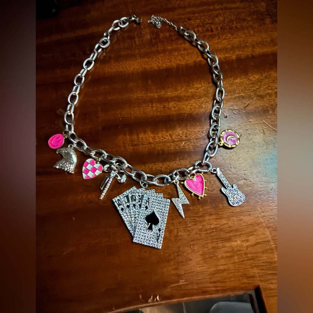 Silver Charm Necklace with Pink and Black Accents